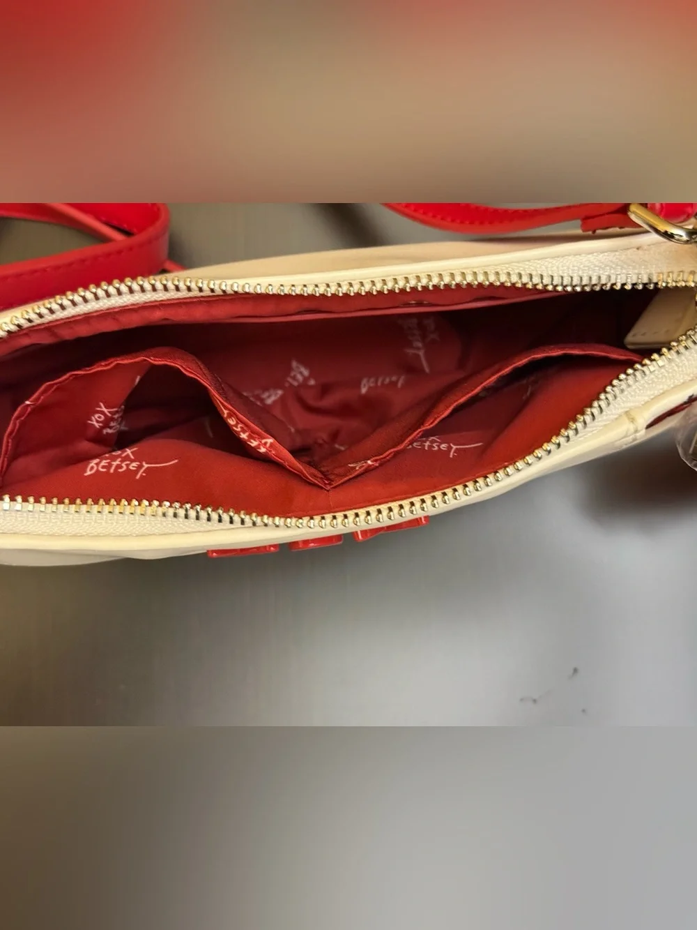 Betsey Johnson White/Red baseball/softball shoulder/crossbody. hotdog charm NWT